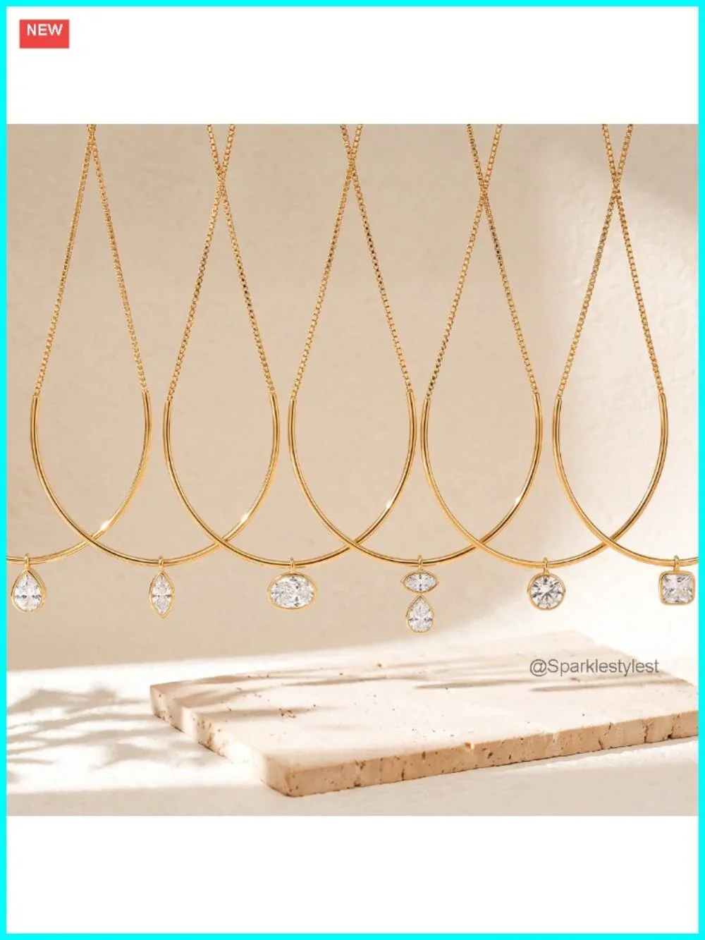 14K Gold Plated Brass Choker Necklace Cubic Zircon Bezel Pendant Minimalist